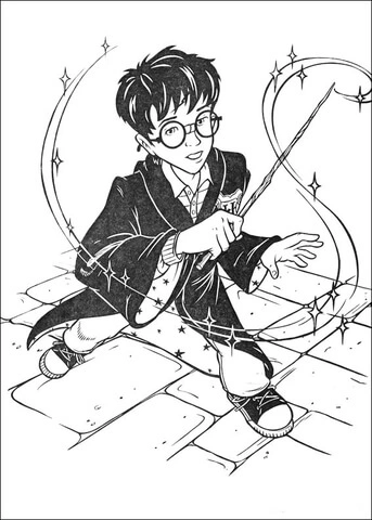 Coloring page young Harry Potter with a magic wand